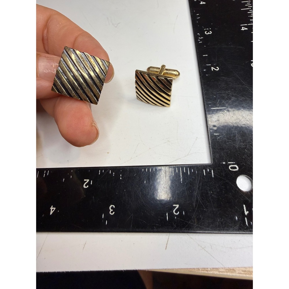 Vintage Gold Tone Square Diagonal Stripe Cufflinks Geometric Toggle Back